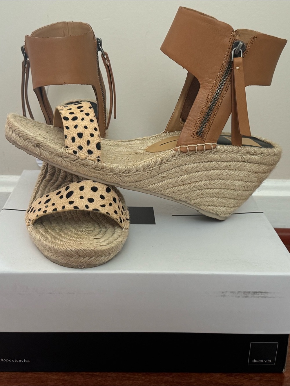 Dolce Vita Tan Espadrille Wedges with Leopard Print Strap